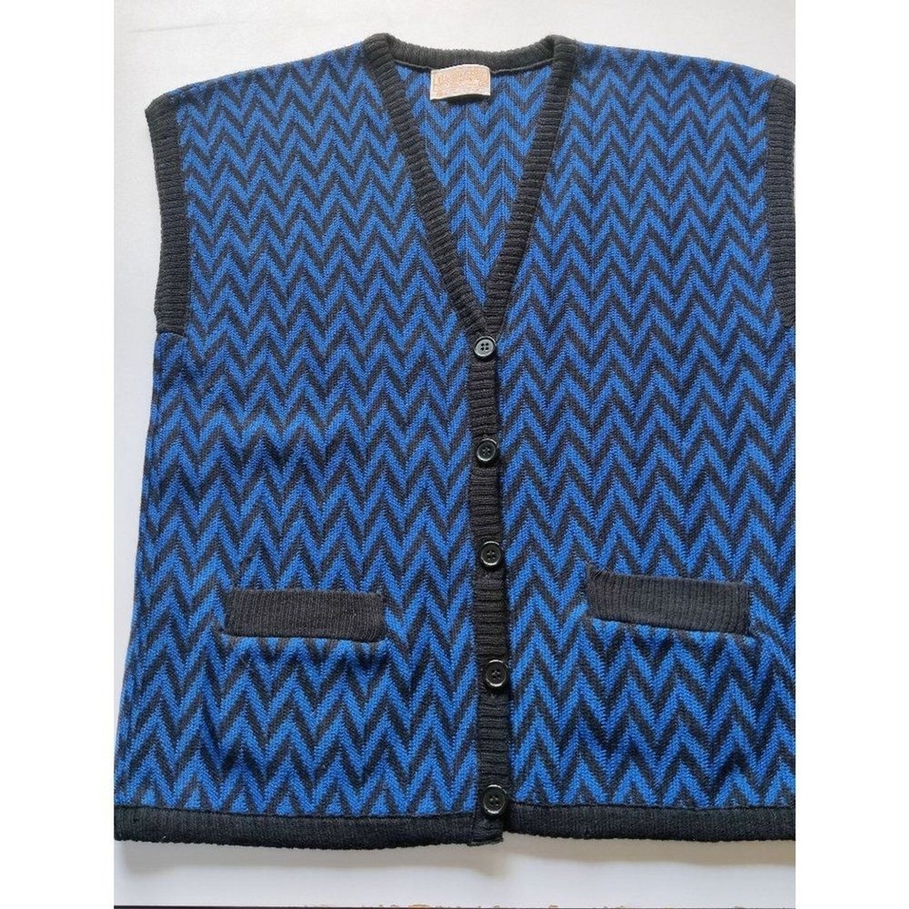 Vintage Pendleton Wool Sweater Vest Womens Size L Blue Black Chevron Pockets - Picture 4 of 11
